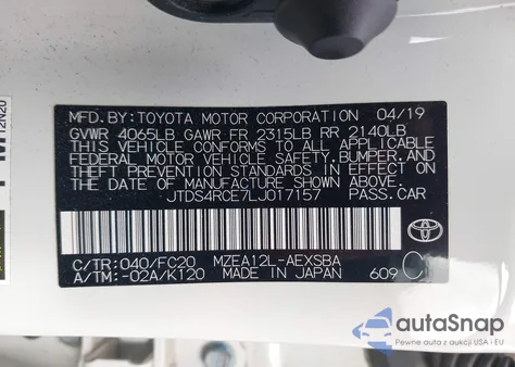 2020 Toyota Corolla Se z USA, uszkodzony, nr VIN JTDS4RCE7LJ017157